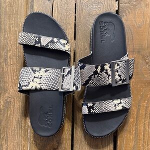 Sorel Black and White Snake Print Sandals